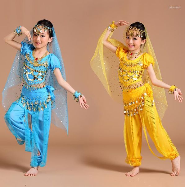 Abbigliamento da palcoscenico Costume di danza del ventre Costumi di Bollywood per bambini Set Abiti per bambini 5 pezzi (Copricapo Velo Top Gonna con cintura)