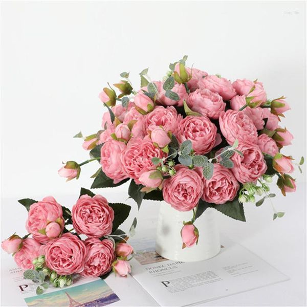 Fiori decorativi 30 cm Rose Pink Silk Peony Bouquet artificiale 5 Big Head 4 Bud Fake per la decorazione domestica di nozze Nuziale