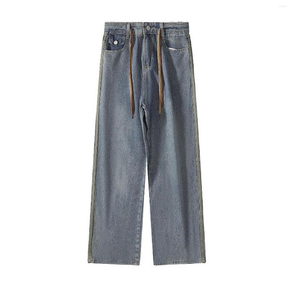 Jeans da uomo a righe laterali a contrasto di colore, linea decorativa lavata, vintage, alla moda, con doppia coulisse, pantaloni larghi a gamba larga