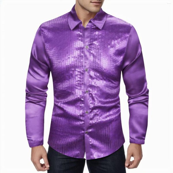 Camisetas masculinas regulares anos 70 disco metálico lantejoulas manga longa botão baixo camisa social curta masculina