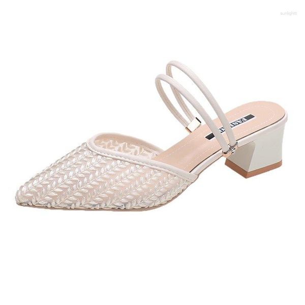 Sandalen 2023 Sommer Sexy Spitzen Zehen Dünne Riemen Mulles Damen Mode Elegante Quadratische Heels Hausschuhe Für Frauen Schuh Weiß gelb