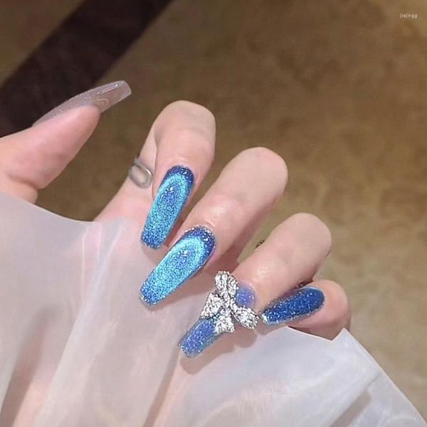 Unhas postiças 24 pçs cobertura completa olho de gato azul oceano borboleta longo caixão pontas de unhas destacáveis falsas prensadas em manicure