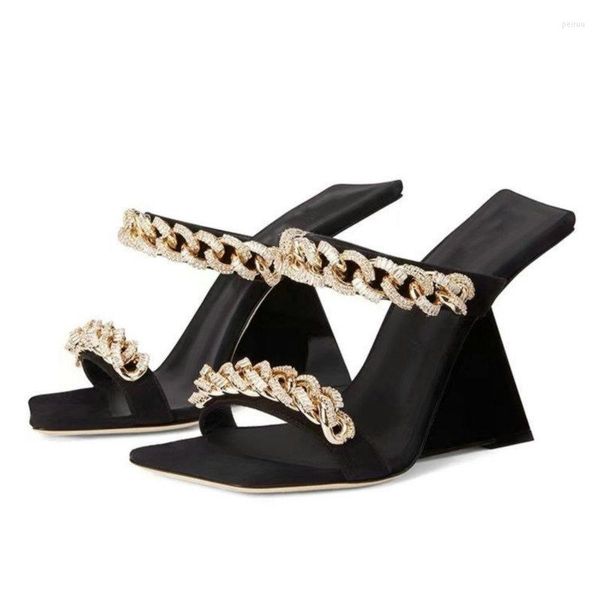 Hausschuhe 2023 Frühling und Sommer Slides Wedge Square Toe Offene Sandalen Metallkette High Heels mit Sexy