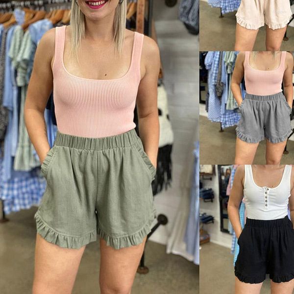 Frauen Shorts Casual Elastische Mode Vielseitig Sommer Hohe Taille Lose Baumwolle Und Leinen Breite Bein Hosen Tasche Solide