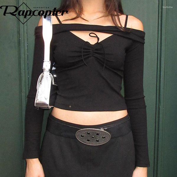 T-shirt da donna Rapcopter Nero lavorato a maglia Elegante Crop Top Donna Pieghe a maniche lunghe Camicia con fiocco Harajuku Basic Casual Tee Autunno Chic Abiti