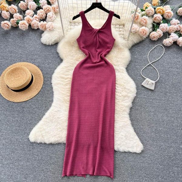 Abiti casual senza maniche Split Slip Dress Midi Sexy Fashion Elastic Tight Party Elegante Chic Beach Vacation Summer Women Knit