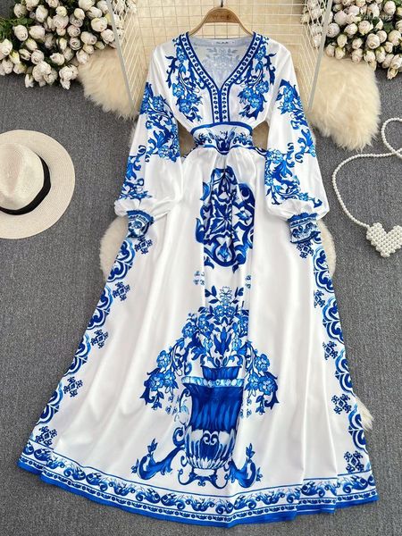 Lässige Kleider Frühling Herbst Landebahn Mode Blaues und weißes Porzellan Blumendruck Kleid Frauen Lange Laternenhülse V-Ausschnitt Elegante Robe