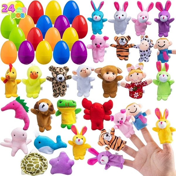 Novelty Games 24Pcs Uova di Pasqua pre-riempite con marionette da dito di animali per i più piccoli Imbottiture per cestini pasquali per bambini Bomboniere 230710