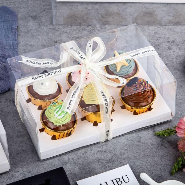 Подарочная упаковка 4pcs Cupcake Box Прозрачная 4 отверстия 6 Справочные материалы для отделки для кекса