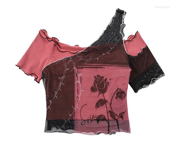 Damen T-Shirts Vintage Rose Grafikdruck Kurzarmshirt Frauen 2023 Sommer Unregelmäßiges Patchwork Mesh Y2K Ästhetisches Off Shoulder Top