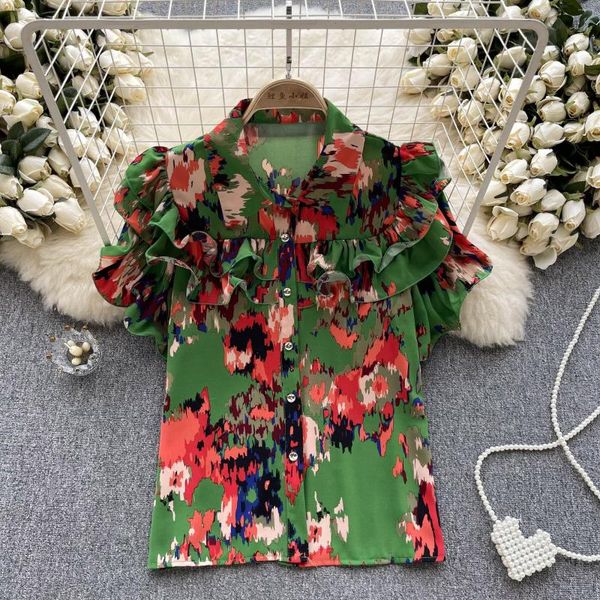 Blusas femininas 2023 verão estampa vintage gola virada para baixo camisa de chiffon tops pretos babados manga curta manga curta