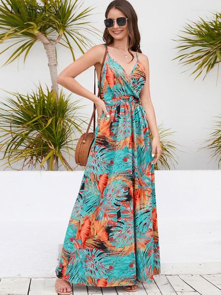 Vestidos Casuais Verão Sexy Alça Vestido Longo Moda Feminina Sem Encosto Bainha Grande Boho Férias Praia Vestido de Verão Verde Decote em V Em 2023