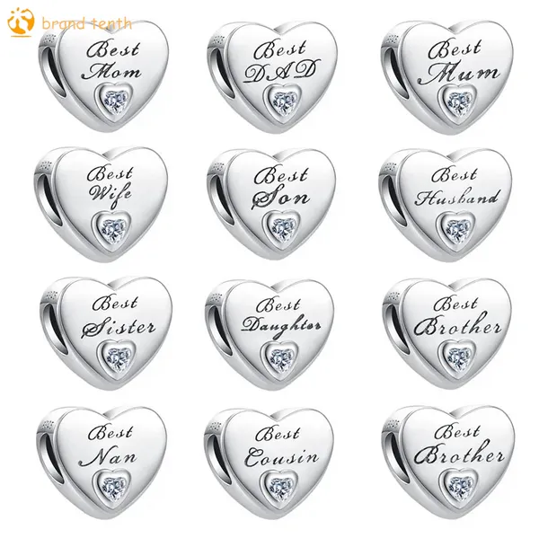 925 Sterling Silver per pandora charms autentico braccialetto di perline Best Mom Dad Daughter Son Wife Brother Heart charm set