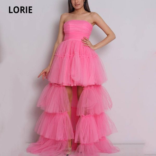 Abiti sexy urbani LORIE Princess Prom Dresses Senza spalline 3 Tiered Tulle Abito da sera alto basso Custom Made Celebrity Party Dress per la laurea 230710