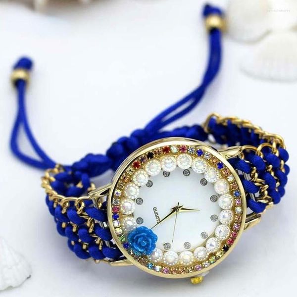 Orologi da polso Orologio da polso da donna con fiori lavorati a mano Rosa Orologio da donna con strass colorati Orologio in tessuto con strass scintillanti Ragazza dolce