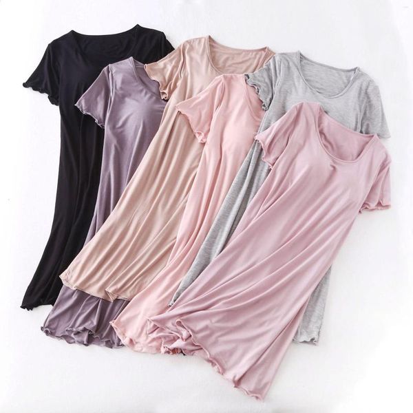 Camisola feminina modal camisola com almofada no peito manga curta pijama sem sutiã fino tamanho grande babado vestido de dormir para mulheres