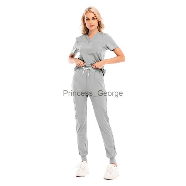 Outros Vestuário Feminino Conjunto de Ternos de Duas Peças Scrubs Conjuntos de Uniformes de Enfermagem TopsCalças Decote V Manga Curta Roupas de Secagem Rápida Uniforme de Trabalho Sólido x0711