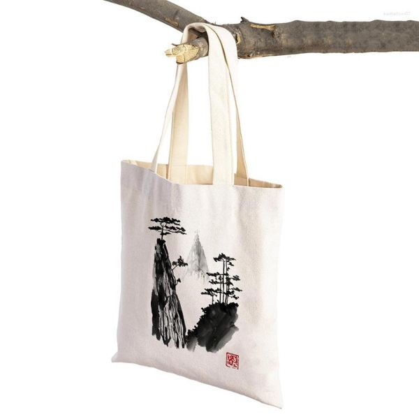 Borse per la spesa Immagini da parete con inchiostro in bianco e nero Paesaggio cinese Donna Borsa shopper in tela casual riutilizzabile con doppia stampa