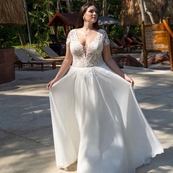 Plus Size Cap Sleeve A Line Abiti Scollo a V Applicazioni di pizzo Cintura di cristallo Boho Abito da sposa Abiti da sposa civili in chiffon 326 326