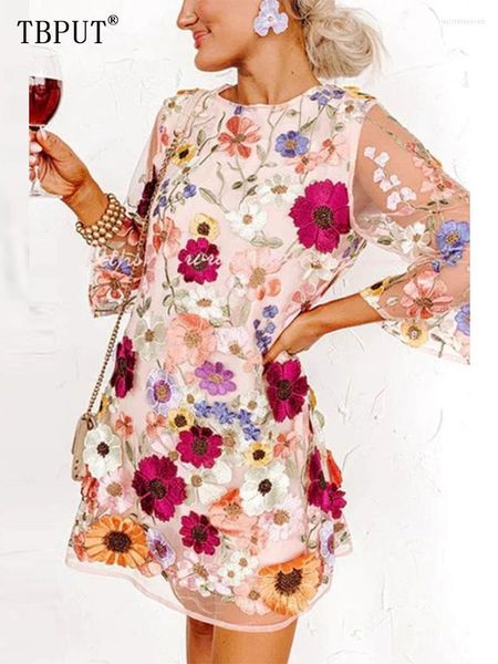 Abiti casual Elegante abito da sera stampato da donna Fashion O Neck Tulle maniche lunghe Midi 2023 Summer Chic Lady Party Vestidos