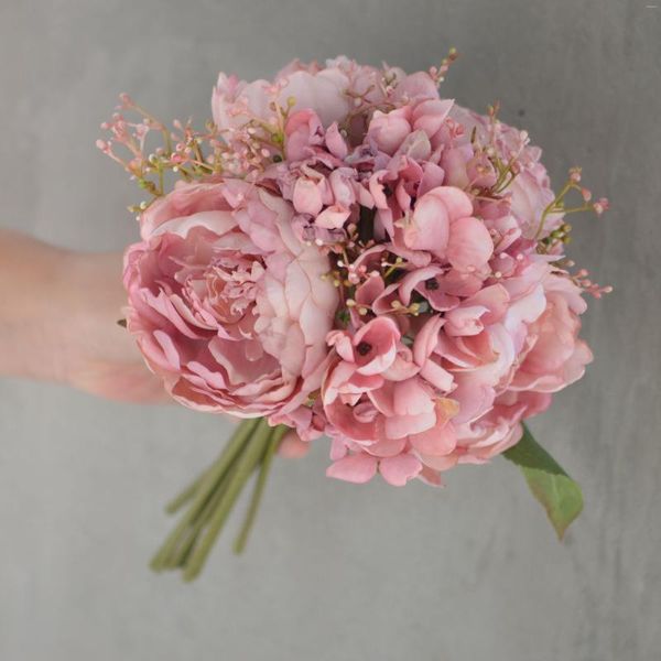 Dekoratif çiçekler 10 sap kurutulmuş görünüm sahte buket gül pembesi güller peonies hidrangeas demeti tozlu düğün ev dekor