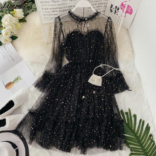 Abiti casual Luzuzi Primavera Autunno Donna Star Paillettes Garza Flare Sleeve Lace-up Princess Dress Donna Elegante O-Collo Mesh Puff