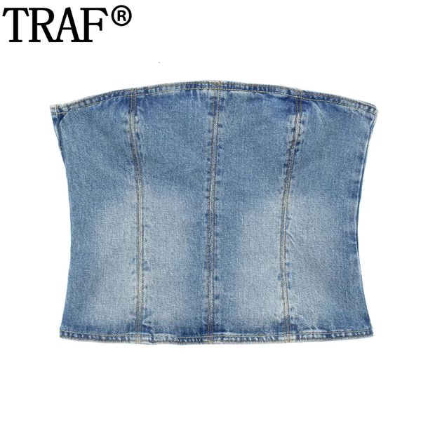 Canotte da donna Camis TRAF Denim Crop Top Donna con spalle scoperte Corsetto blu Top femminile senza schienale Sexy Top donna Party Night Summer Bustier 230711