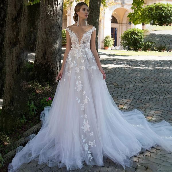 Elegante Decote Transparente Vestidos de Noiva Linha A com Apliques de Renda Vestido de Noiva com Botões Versáteis Vestidos De Novia para Noiva