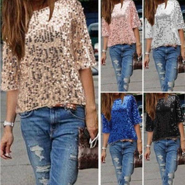 Jeans 2022 Nuova maglietta sexy sexy a sequestro a sequestro Donne allevate casual estate estate bling solido dolce o collo top lady tee