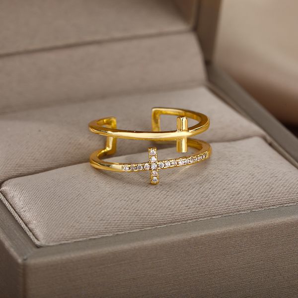 Обручальные кольца корейский стиль двойной крест для женщин из нержавеющей стали кубический цирконий