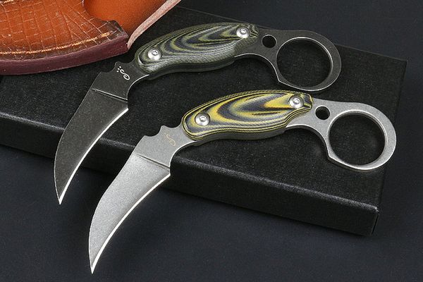 Faca Karambit de lâmina fixa M6654 de alta qualidade D2 Preto/Branco Stone Wash Blade Full Tang G10 Handle Tactical Claw Knives Bainha de couro