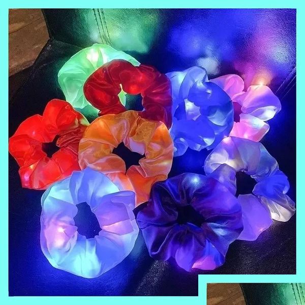 Accessori per capelli Scrunchies luminosi Led Hairband Ponytail Holder Copricapo Donna Ragazze Raso elastico Setoso Scrunchy Tie Rope 591 Dro Dhtzb