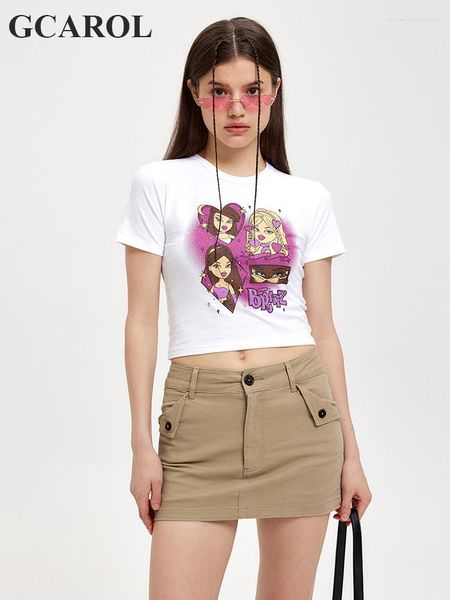 Camisetas Femininas GCAROL 94,4% Algodão T-shirt Cartoon Letter Frisado Sweet Spice Girl Tees Summer Spring Classic Cute Crop Top High