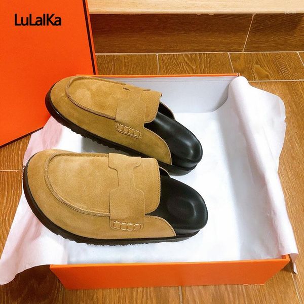 Chinelos Wrap Toe Sola Grossa Feminina Couro Preto Flat Outwear Senhoras Slides Verão Outono Pista Feminina Sapatos de Festa