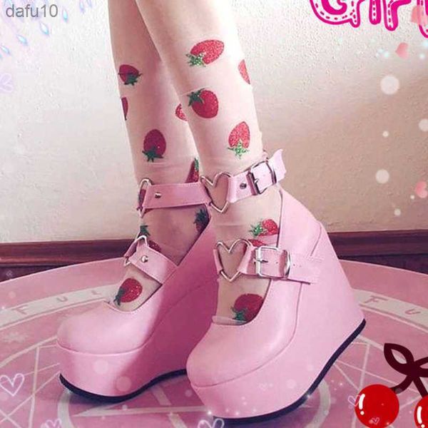 Comemore New Sweet Lolita Style Gothic Cosplay Black Pink Cozy Wedges Mary Jane Salto Alto Pumps Sapatos de Plataforma Mulher Preto Rosa L230704