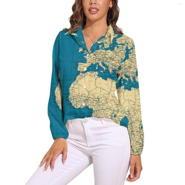 Blusas Femininas Blusa Vintage Países Cidades Estradas Elegante Gráfico Mulher Camisa Casual Verão Manga Longa Tops Grandes