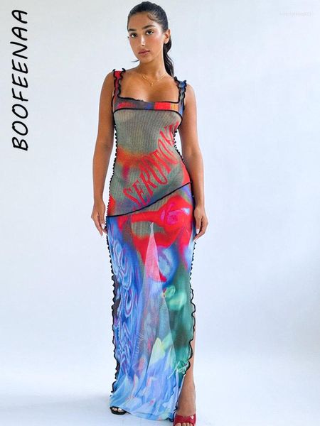 Vestidos Casuais BOOFEENAA Estampa Abstrata Malha Dividida Lateral Longo Maxi Transparente Ponto Contraste Sexy Vestido de Verão Feminino 2023 C85-BI14