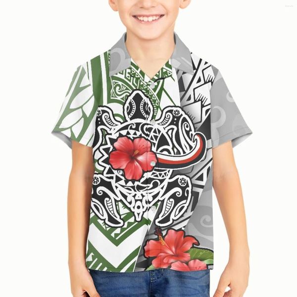 Camisas casuais masculinas polinésia tribal pohnpei totem estampas de tatuagem criança menino crianças verão camisa havaiana tamanho grande manga curta personagem