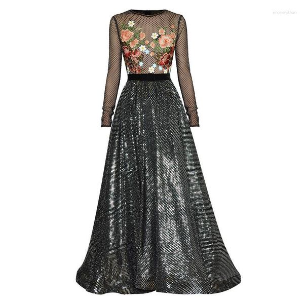 Abiti casual Stile di design Fiore di lusso ricamato Vedi attraverso pois Mesh Patchwork Glitter Paillettes Maxi abito da sera Abito da ballo