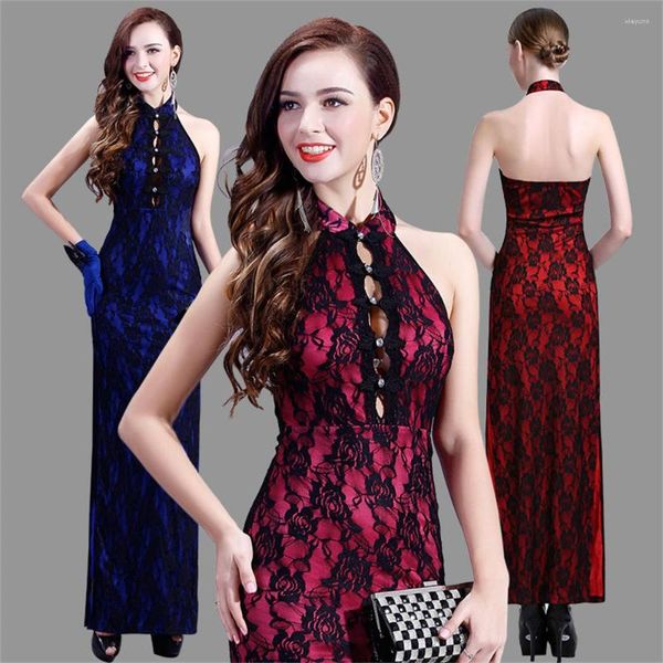 Abbigliamento etnico Abito estivo tradizionale cinese cheongsam Abito da donna Qipao da sera senza schienale in pizzo con scollo all'americana