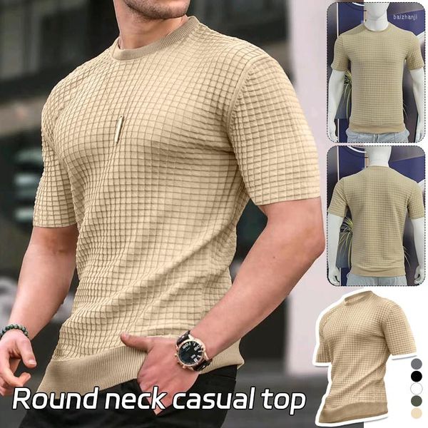 T-shirt da uomo primavera estate maglia monocollo camicia da uomo casual maniche corte moda jacquard tinta unita top slim wear