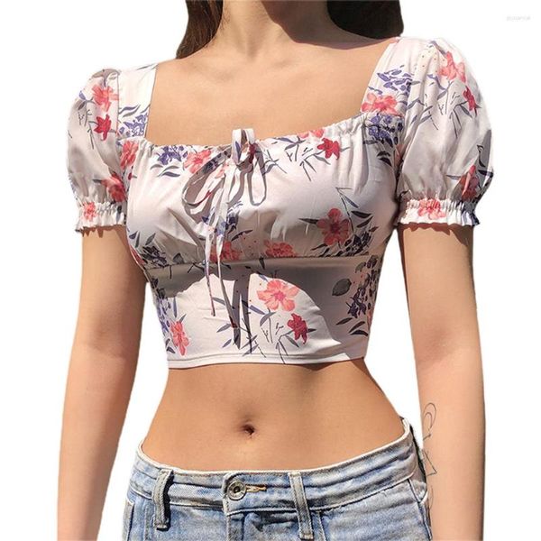 Damenblusen 2023 Damenmode Sexy Blumen Kurzarmhemden Frühling Sommer Square Neck Slim Bluse Casual Tops Street Wear