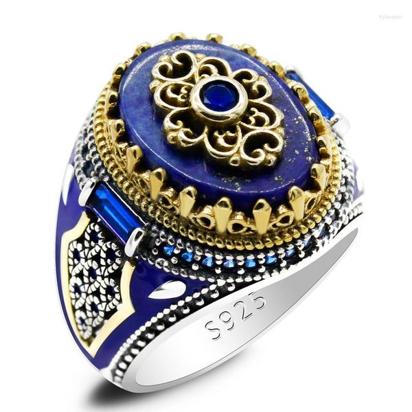 Cluster-Ringe Vintage-Kronenring mit natürlichem Lapislazuli-Stein für Männer 925 Sterling Silber Blaue Emaille CZ Männlicher türkischer Schmuck Geschenk