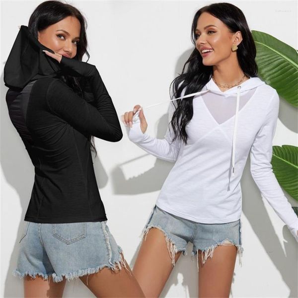 Camisetas femininas outono mulheres camisas de algodão tops manga longa preto branco camisetas casuais com capuz feminino fino sexy camiseta