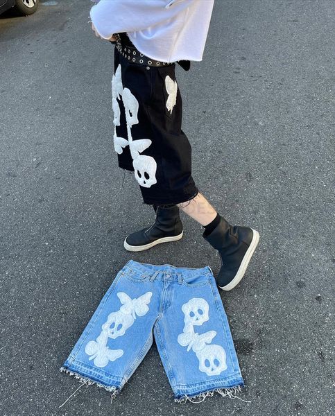 Mens Shorts Street Giyim Y2K Harajuku Retro Hip Hop Kafatası Grafik Büyük Boy Boylu Denim Yaz Gotik Stil Kısa 230710