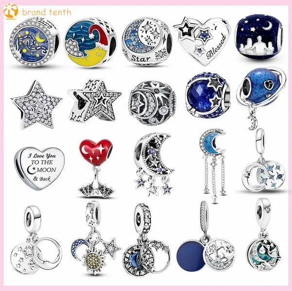 925 Sterling Silber für Pandora Charms authentische Perle Spakling Star Moon Blue Charm Sternenhimmel Stern Sonne