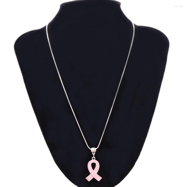 Halsketten mit Anhänger, tropfenförmiges Metall, rosa Emaille, Brustkrebs-Bewusstseinsband