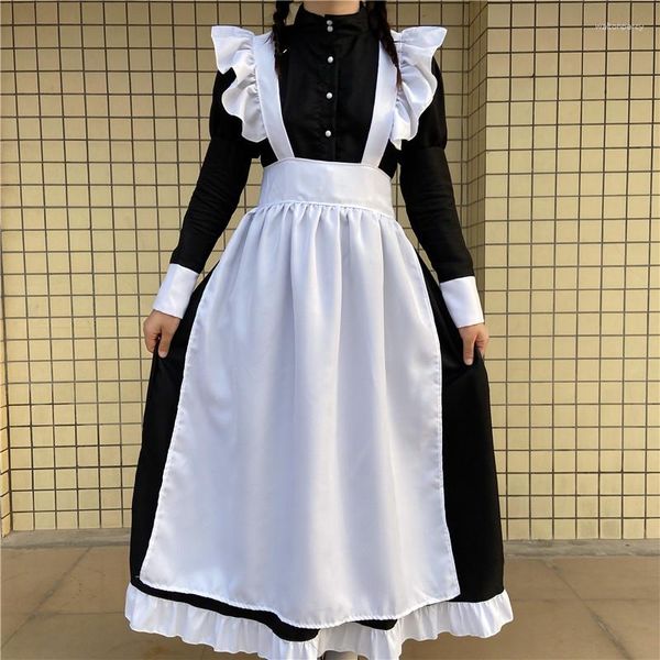 Повседневные платья черно -белая горничная женская одежда Lolita Big Size 4xl Bow Long Rish Платье винтаж вдохновленный косплей -аниме девушка