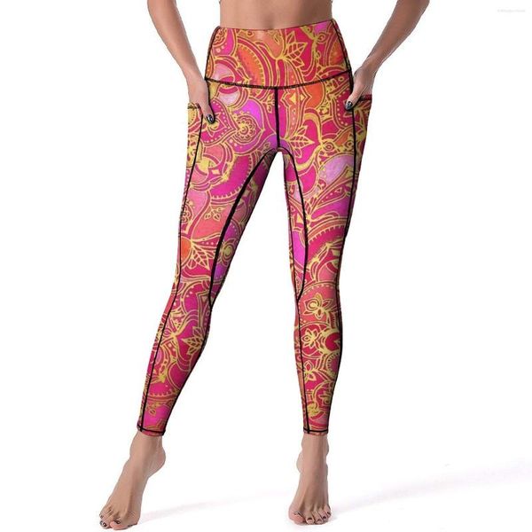 Kadın Taytlar Gold Barok Çiçek Seksi Mandala Sanat Baskı Yoga Pantolonları Çıkarma Streç Spor Tayt Moda Grafik Leggins