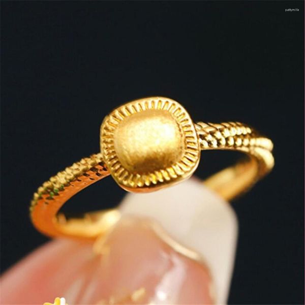 Cluster Rings Pure 999 24K Yellow Gold Women 3D Lucky Square Ring 1-1.3g
